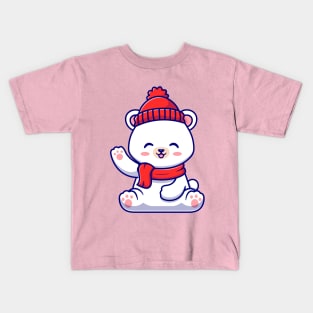 Cute Baby Polar Bear Winter Wearing Scarf Waving Hand  Cartoon Kids T-Shirt